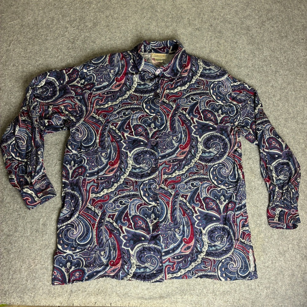 Essential Elements Mens Large Navy Blue Paisley Button Down Shirt Long Sleeve
